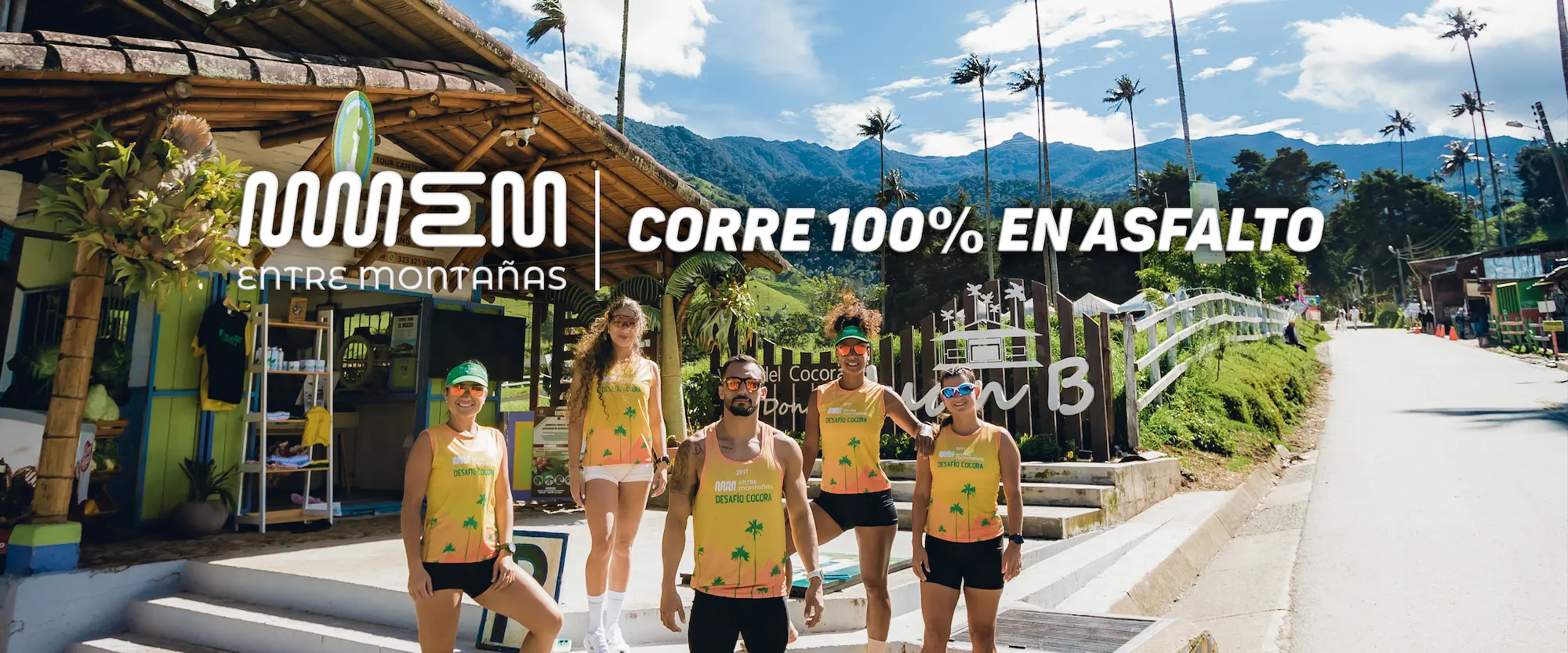 Corredores en Valle de Cocora con texto: Corre 100% en asfalto.